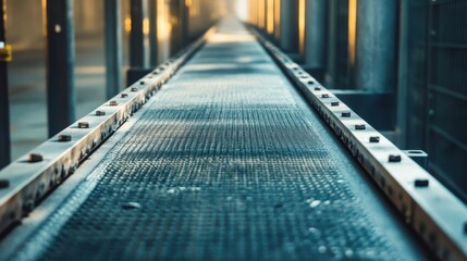 Poster - An industrial conveyor belt moving forward inside a factory setting