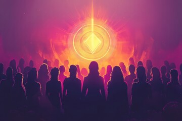 Poster - Empowering Womens Day poster featuring diverse silhouettes united by a glowing feminine symbol. Generative AI
