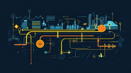Leinwandbilder - Minimalist infographic showcasing gas pipeline flow and infrastructure in an industrial setting with a dark background. Generative AI