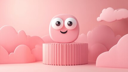 Wall Mural - Happy emoji on pink pedestal, clouds background, 3D render, social media