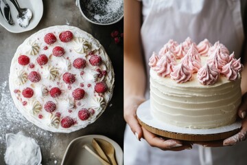Poster - Two elegant cakes with vibrant frosting and fresh raspberries showcased on a rustic table. Generative AI
