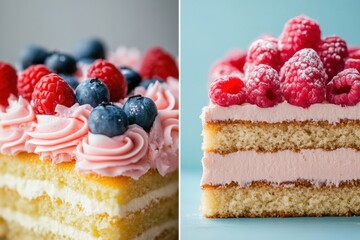 Poster - Two layer cake with raspberry and blueberry toppings on a pastel blue background. Generative AI