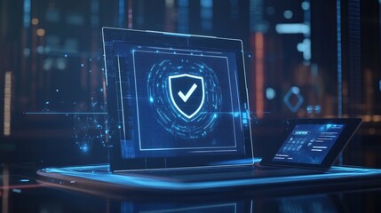 Fototapete - Futuristic laptop displaying security shield with checkmark, ensuring data protection and cybersecurity in modern cityscape at night, enhancing digital safety and protection against online threats