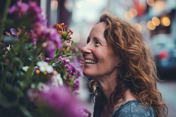 Wall Mural - Portrait of a beautiful middle-aged woman with curly hair in the city.