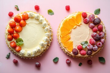 Aufkleber - Delicious fruit tarts arranged beautifully on a pink background showcasing vibrant colors and fresh ingredients. Generative AI