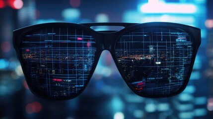 Poster - Futuristic smart glasses are displaying a vibrant night cityscape overlaid with a complex data stream, suggesting augmented reality and advanced technological capabilities