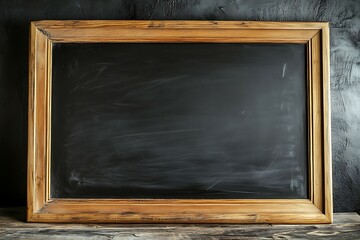 Empty blackboard in wooden frame on concrete wall background