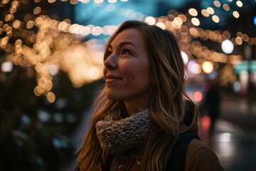 Wall Mural - Portrait of a young woman on the background of Christmas lights.