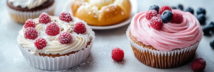 Poster - Freshly baked cupcakes decorated with berries and icing on a table in a cozy kitchen setting. Generative AI