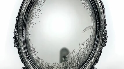Poster - Reflection of a mysterious figure in an ornate mirror surrounded by flowing lines in a minimalist design