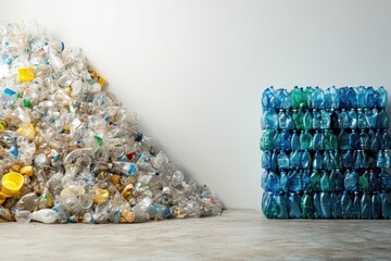 Aufkleber - Contrast between plastic waste and organized recycled products showcasing waste management efforts. Generative AI