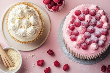 Aufkleber - Delicious dessert display featuring two beautiful cakes topped with raspberries and cream on a pink surface. Generative AI