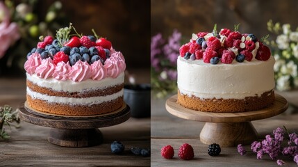 Poster - Celebration cakes with fresh berries displayed on wooden stands in a rustic setting during daylight. Generative AI