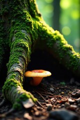 Wall Mural - roots and fungi beneath the surface of a fallen tree trunk, greenery, forest floor, roots