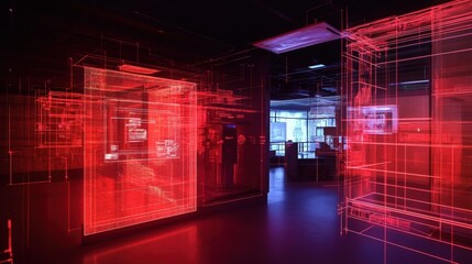 Aufkleber - glowing red and blue lines forming a digital grid protect server racks in a futuristic data center, 