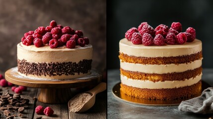 Aufkleber - Lovely dessert presentation featuring two distinct cakes topped with fresh raspberries, perfect for gatherings and celebrations. Generative AI