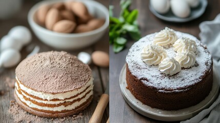 Poster - Delicious dessert display featuring two types of cakes alongside fresh ingredients in a cozy kitchen setting. Generative AI