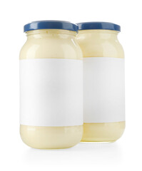 Wall Mural - Tasty mayonnaise sauce in glass jars with blank labels isolated on white