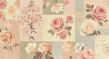  Vintage Floral Pattern with Roses and Lilies on Patchwork Background