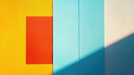 Poster - Vibrant geometric patterns interact with light and shadow in an urban setting showcasing bold colors at midday. Generative AI