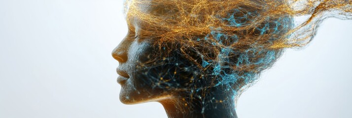 Wall Mural - Profile of a human head with intricate neural networks and glowing synapses, representing AI and cybernetics. GenerativeAI