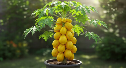 Wall Mural - Indian organic ripe yellow papaya fruit on papaya tree growing in big pot at nursery farm, closeup isolated