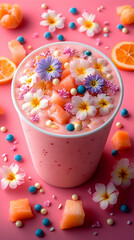 Pink Smoothie Decorated With Edible Flowers And Fruits