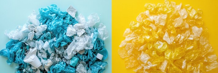 Aufkleber - Contrast between unmanaged plastic waste and organized recycled plastic products showcased for environmental awareness. Generative AI