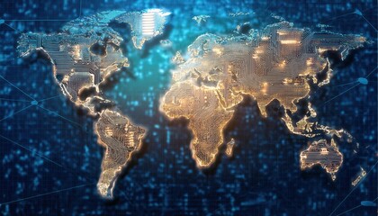Poster - Digital World Map with Binary Code Overlay