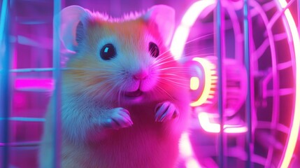 Poster - Adorable Hamster Posing in Neon Lit Cage