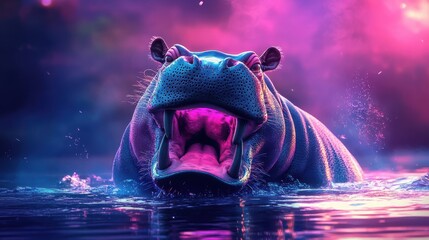 Poster - Neon Hippopotamus Emerging From Water With Open Mouth