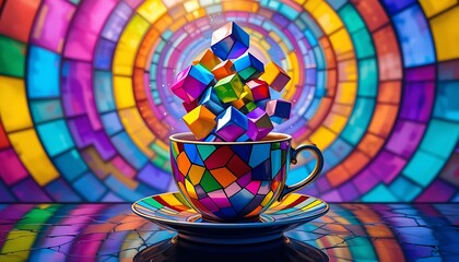 Leinwandbilder - A Colorful Cubes Cup Is Shown In Artistic Stained Glass Style