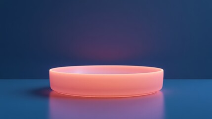 Poster - Glowing pink neon ring on a reflective blue surface with contrast of colors and minimalistic design. Modern art installation and futuristic decor concept