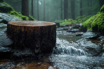 Wall Mural - A large log is sitting in a stream of water