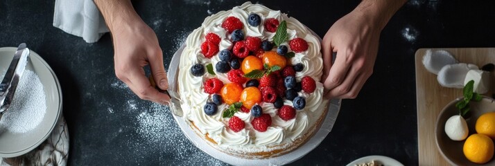 Poster - Baker decorating a fruit cake with fresh berries and whipped cream in a cozy kitchen setting. Generative AI