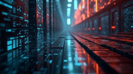 Poster - A computer server room with a blue and red background