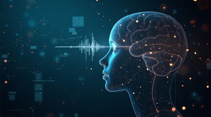 Poster - A woman's face is shown with a computer generated brain