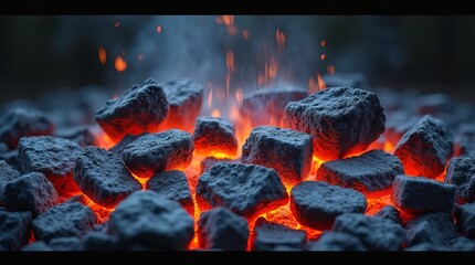 Poster - A pile of rocks with a fire burning in the middle