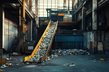 Poster - Recycling plant with conveyor belts and sorted waste in industrial setting. Generative AI
