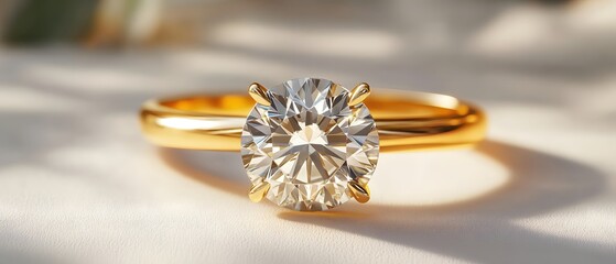 Poster - Elegant golden ring with oval diamond reflecting light on a textured surface closeup view