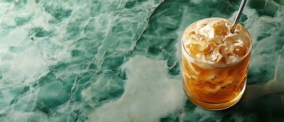 Poster - Refreshing Iced Coffee Delight on Marble Surface with Creamy Topping and Metal Straw Detail