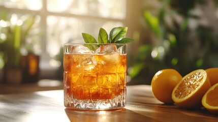 Poster - Refreshing old fashioned cocktail with ice cubes and orange slices on a wooden table top