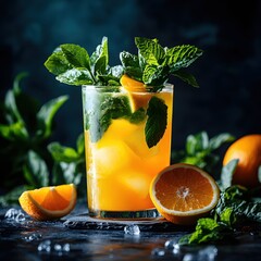 Poster - Refreshing orange mojito with mint leaves and ice cubes on a dark background summer drink