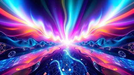 Wall Mural - A vibrant explosion of colors and lights creates a surreal, otherworldly scene, with sweeping arcs and dynamic patterns. The combination of blues, purples, and pinks radiate from a central point