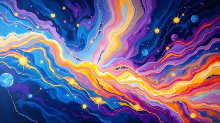 Wall Mural - Vivid swirls of color create a dynamic, flowing pattern resembling a cosmic scene. Stars and planets are integrated into the vibrant mix of blues, purples, and yellows.