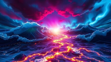 Wall Mural - A vivid and surreal landscape showcases a glowing river of lava cutting through a turbulent sea under a bright, colorful sky. 