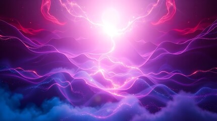 Wall Mural - Vibrant shades of pink & purple intertwine with dynamic light waves, creating a mesmerizing cosmic scene. The bright central glow adds a sense of energy and mystique against a backdrop of soft clouds