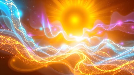 Wall Mural - Bright swirls of orange and blue converge towards a luminous center, creating a vibrant and dynamic feel. Light waves and sparkles add a sense of movement and energy