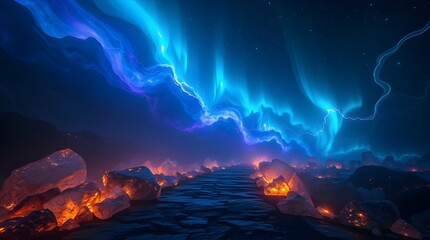 Wall Mural - A mesmerizing display of bright blue lights dances across a dark night sky, creating an ethereal atmosphere. Fiery orange & red rocks line a rocky path, contrasting vividly with the cool luminescence