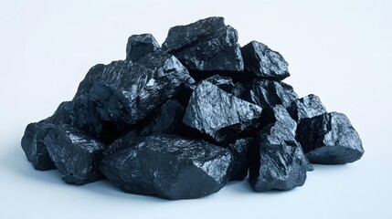 Poster - Pile of Shiny Black Coal on a White Background Showing Raw Energy and Industrial Material